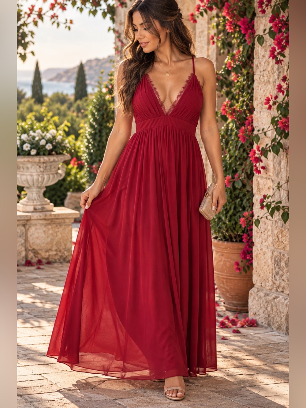 Auxo Collection Burgundy Lace Plunge Maxi Dress Size M